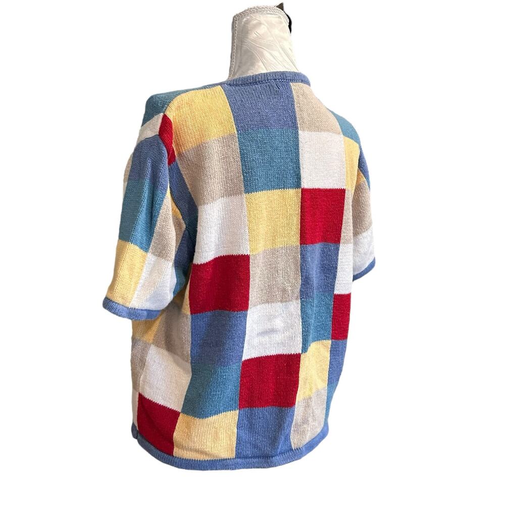 Patchwork Checked Knit Short Sleeve Cardigan Wome… - image 16